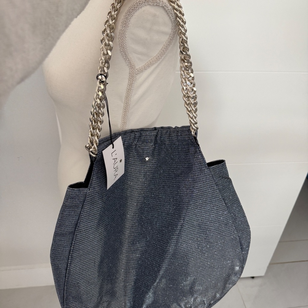L'AURA Denim Striped Sparkle Miami Shoulder Bag Chain Strap NWT Large Bag